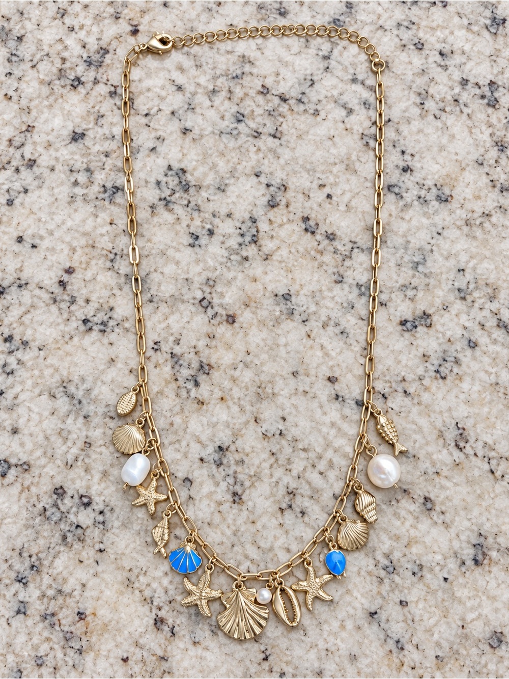 House of Harlow 1960 Gold-Tone Seashell Necklace with Blue and White Accents